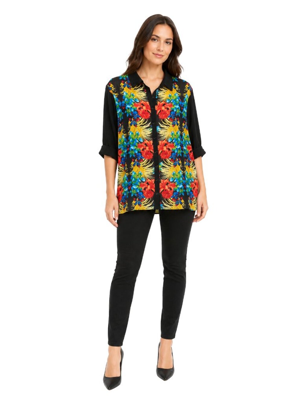 Roz & Ali 1X Tropical Floral Button Down Tunic Blouse Beachy Boho Vibe Resort!